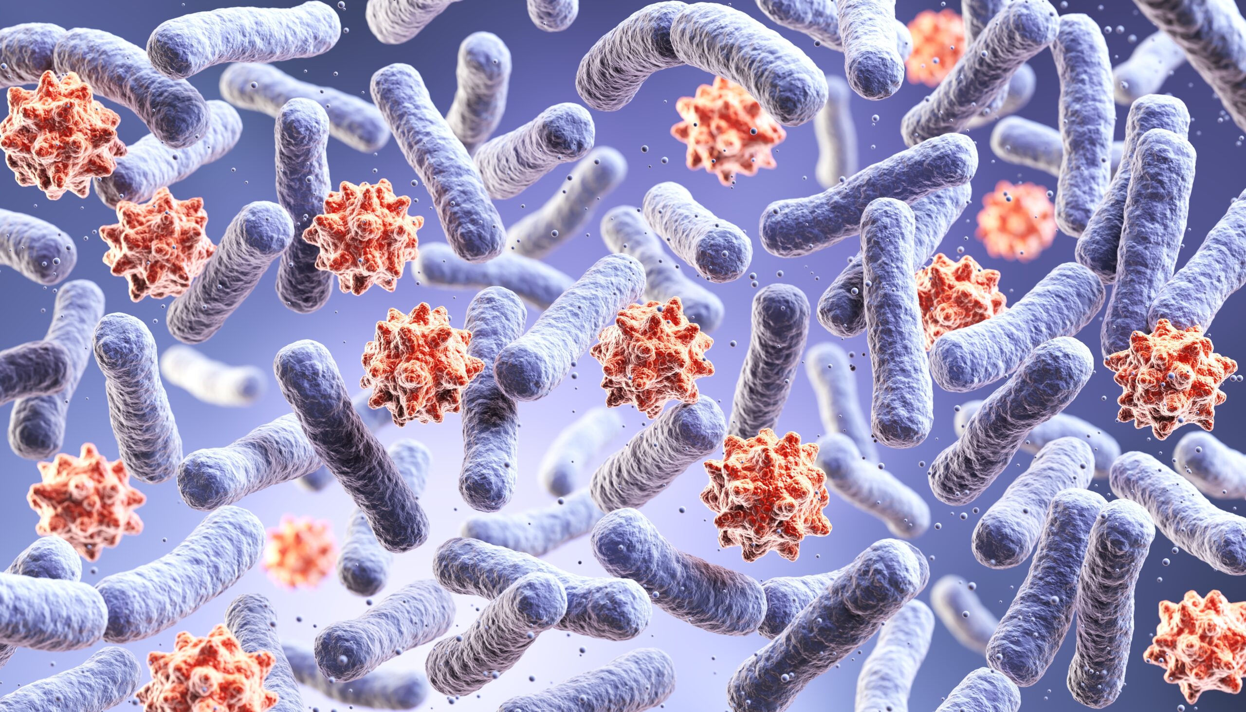 Concept of healthy gut microbiome with probiotics neutralizing pathogens or bad bacteria